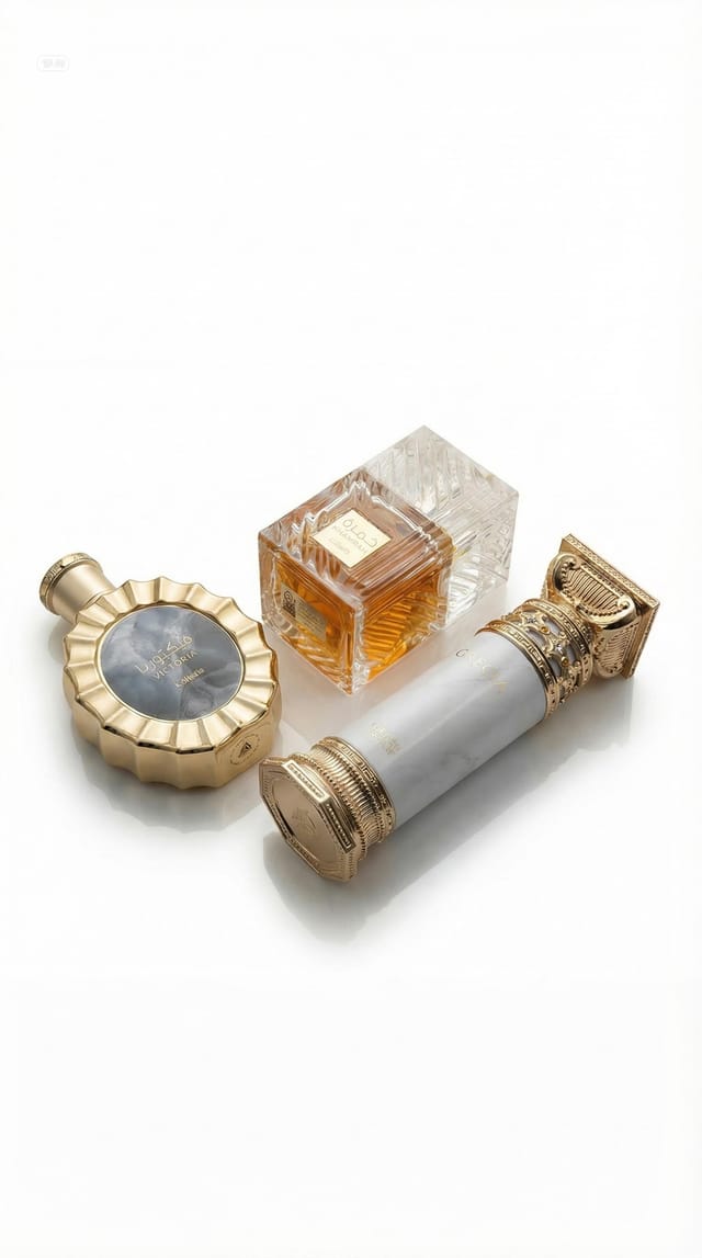 Flat lay of three ornate gold perfume bottles including Grecia and crystal flacon