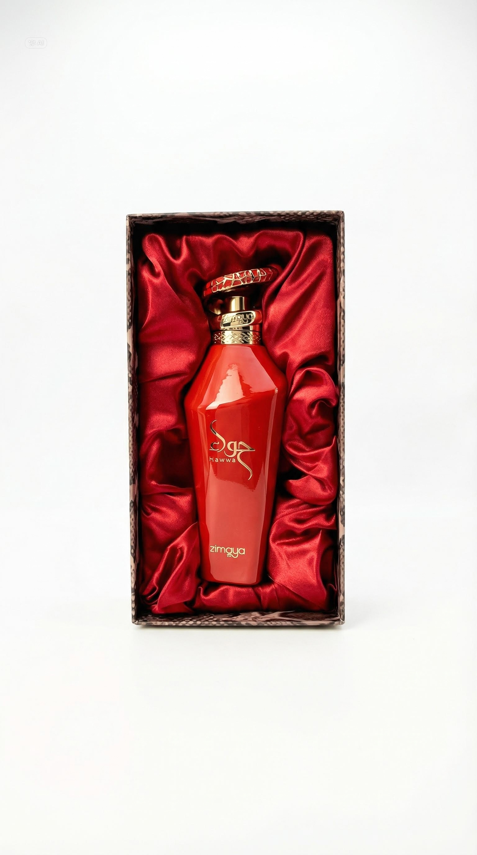 Red Saga perfume bottle nestled in a satin gift box for women
