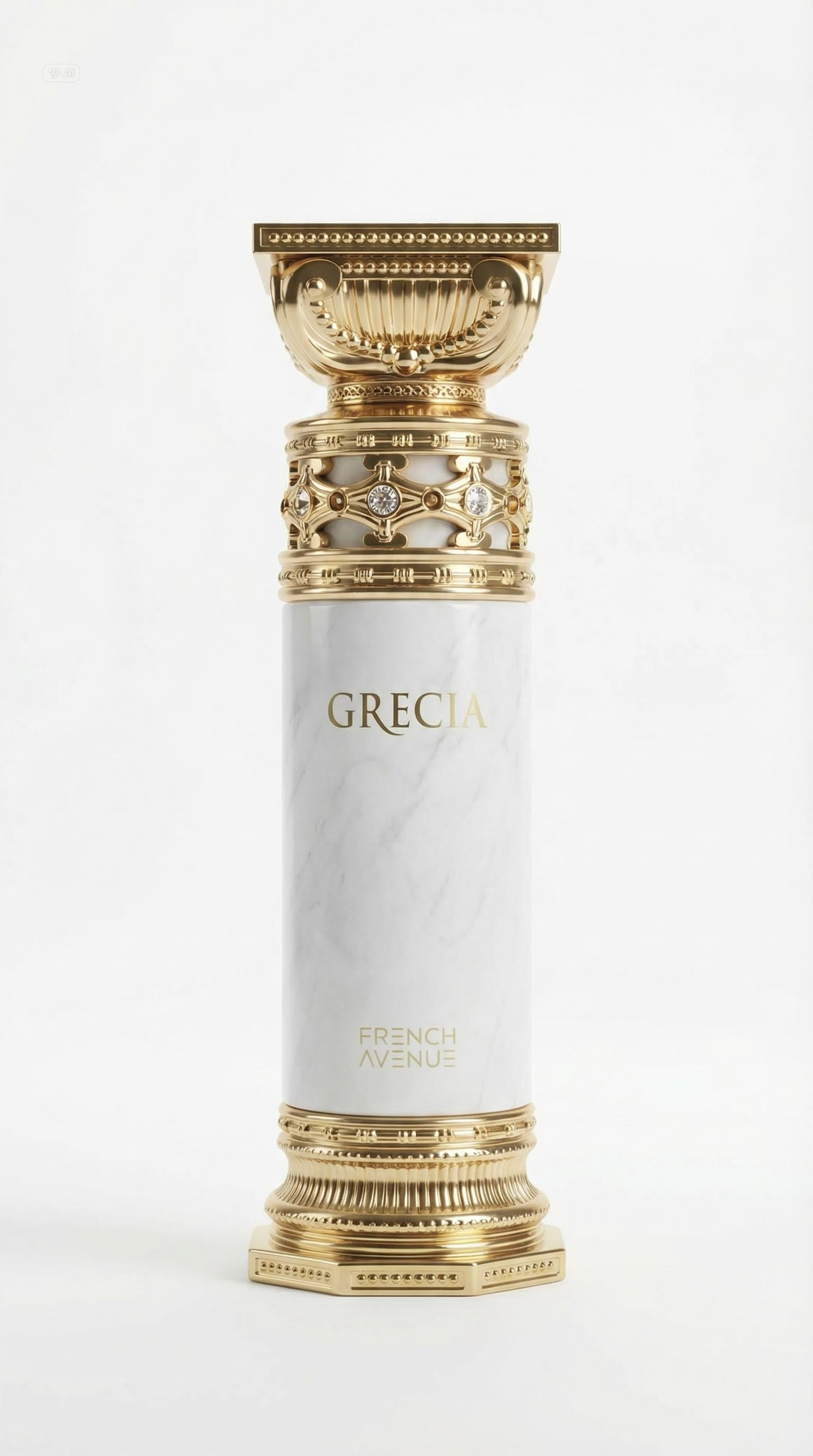 White marble and gold Grecia perfume bottle standing upright