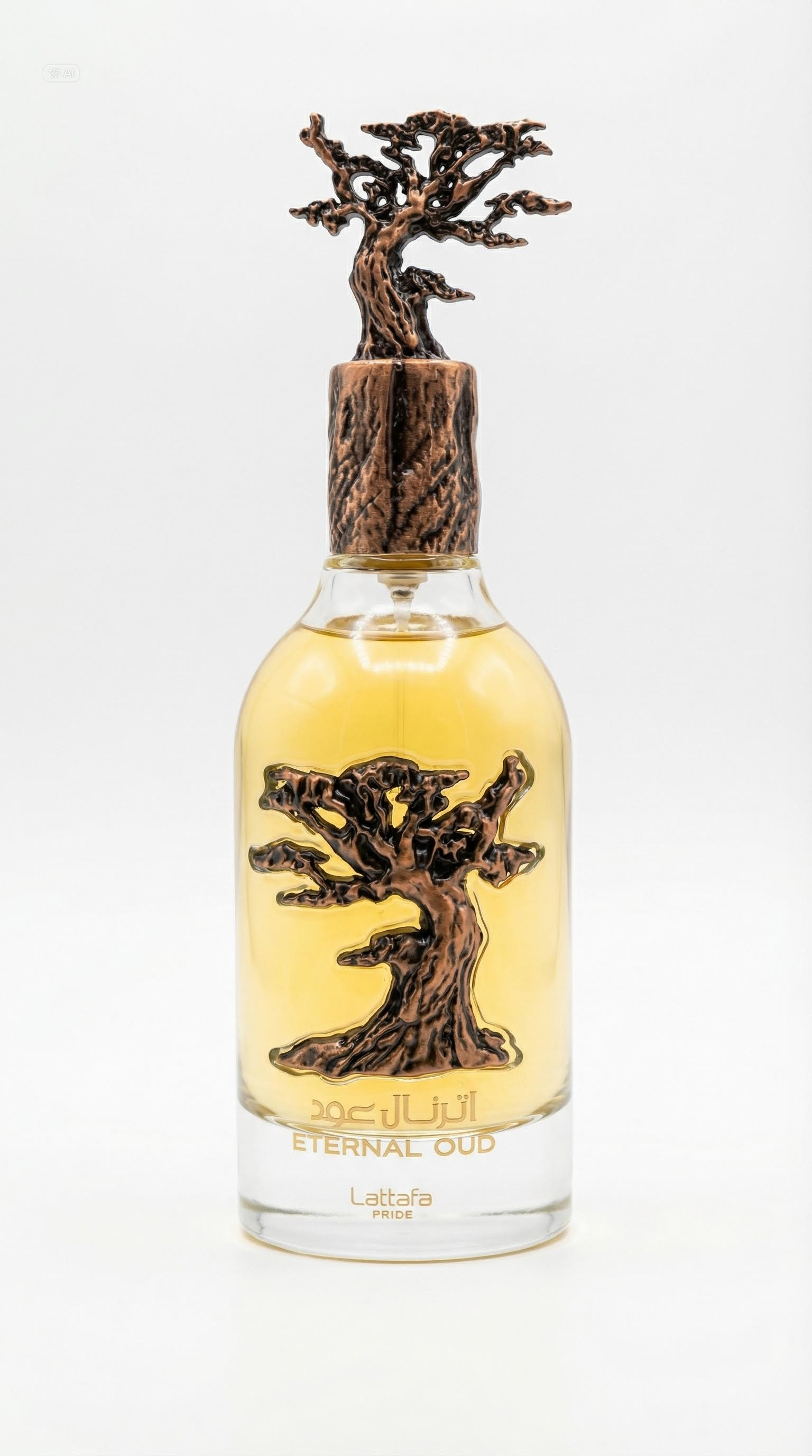 Eternal Oud perfume with bronze tree cap and amber juice